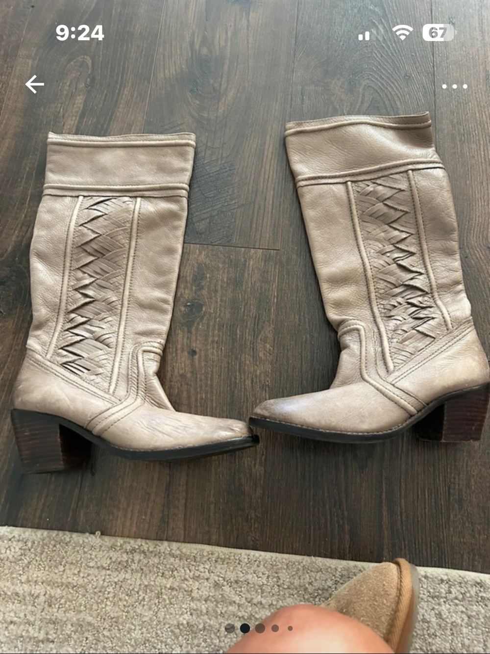 Vintage Fossil Taupe:GrayLeather Heeled Boots with Woven Panel